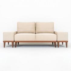 Sofá 2 Lugares e 2 Puffs em Linho Boreal com Mola Ensacada CabeCasa MadeiraMadeira Bege