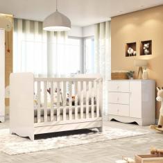 Quarto de Bebê com Cômoda 1 Porta e Berço Americano 3 em 1 Pirueta Espresso Móveis Branco Brilho