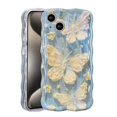 HERCAFIE Capa para iPhone 13, capa de telefone com pintura a óleo retrô, borda ondulada brilhante com aparência de borboleta 3D para iPhone 13, capa protetora de ajuste resistente para meninas e