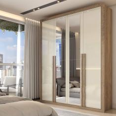 Guarda-Roupa Solteiro Severo 4 Portas com Espelho Ipê/Off White - Panorama Móveis