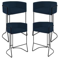 Kit 04 Banquetas Fixa Preto Veludo Azul Oxford C-304