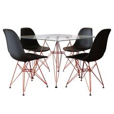 Mesa De Jantar Quadrada Vidro 90Cm Com 4 Cadeiras Pretas Base Ferro Cobre Cor: Branco