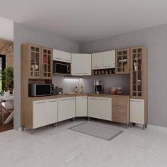 Cozinha Modulada Completa Fidelitá Paris 8 Peças 445cm 18 Portas 3 Gavetas Com Tampo Nogal/salinas