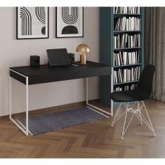 Escrivaninha Industrial Escritório Malta Preta 137X53Cm Com 1 Cadeira Preta Base Ferro Cor: Preto