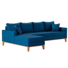 Sofá 4 Lugares Beny Com Chaise Esquerdo Linho Azul Marinho - Mobly