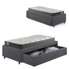 Base Box Cama Solteirão Sapateira Suede Cinza e Colchão Adapto Ecoflex