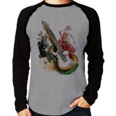 Camiseta Raglan Guitarra Reggae Manga Longa - Foca na Moda, Cinza, Pre