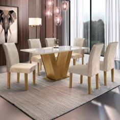 Conjunto Sala de Jantar Mesa Tampo de Vidro 6 Cadeiras Espanha Siena Móveis Ypê