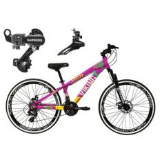 Bicicleta Aro 26 Vikingx Tuff Roxo/Amarelo 21v Alumínio Câmbio Shimano