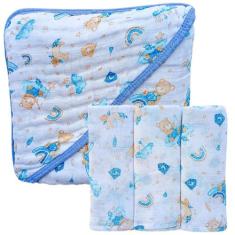 Kit 1 Toalha de Banho Bebê Soft C/Capuz De Fralda 3 camadas + 3 Fralda