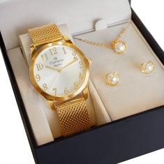 Relógio Feminino Champion Analógico Dourado Pulseira Mesh CN26019B Colar e Brincos