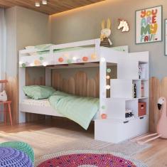 Cama Beliche Infantil Bicama Menino Menina 2,32m Com Escada, Nichos E Gavetas Branco