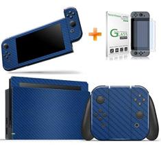 Kit Skin Adesivo Protetor 4D Fibra de Carbono Nintendo Switch + Película de Vidro (Azul)