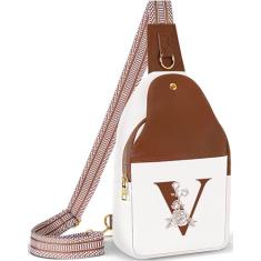 Lizznoe Bolsa tiracolo feminina de couro com letra inicial pochete para viagem, presente para mãe e esposa, Branco/Marrom, V