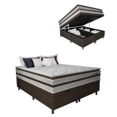 Cama Box Baú Casal Queen Gazin Colchão Molas Ensacadas Pillow Top Love Story 158x198x71cm Branco/Marrom