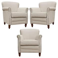 Kit 03 Poltronas Decorativas Sala de Estar Brunei Pés Madeira Couro Of