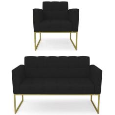 Sofá Namoradeira E 1 Poltrona Base Industrial Dourado Ana Linho Preto - Ibiza