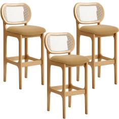 Kit 03 Banquetas Altas Para Cozinha Bancada Sala Tela Betta Fixa L02 Bouclê Mostarda - Lyam