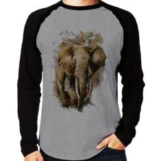 Camiseta Raglan Elefante Watercolor Manga Longa - Foca na Moda, Cinza,