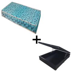 Cama Baú Viúva 128 Tecido Sintético Preto Com Colchão Natal Bello Box - 100% Espuma - D23 Azul 55x128x188