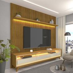 Rack com Painel Impressão Ripada para TV até 75 Polegadas com LED com Pés Requinte 220cm Gelius Móveis Naturale/Off White