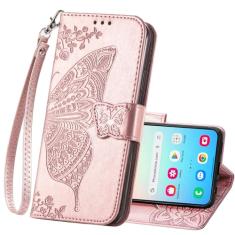 Capa carteira para Samsung Galaxy S24 Plus, capa protetora feminina de couro PU com alça de pulso, compartimentos para cartões, bolsa em relevo borboleta com suporte de flor, capa flip para Samsung