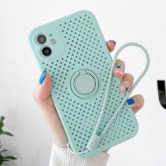 Capa oca com resfriamento respirável para iPhone 12 Mini 11 Pro XS Max X XR 7 8 Plus SE2 Capa com alça de suporte de anel magnético de silicone macio, ciano, para iPhoneSE 2 2020