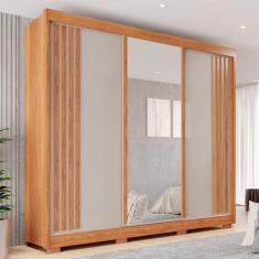 Guarda Roupa Casal Com Espelho 3 Portas e 4 Gavetas Atenas - Sallêto  - Cinamomo/Off