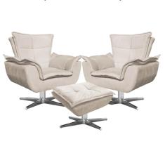 Kit 2 Poltronas Decorativas Base Giratória Cromada com Puff Opla Suede Bege - Ibiza