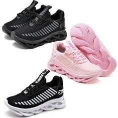 kit 3 Tênis Infantil Menina Evoltenn Sola Trança Escolar Rosa/Preto, R
