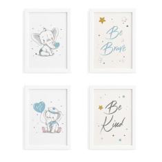 Quadros Elefante Azul Para Quarto Moldura Branca 22x32cm 4un - Quartin