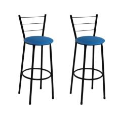 Kit 2 Banquetas Altas Preta com Encosto Assento Azul