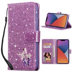 UEEBAI Capa carteira para iPhone 15, capa de telefone de couro PU com glitter, compartimentos para cartões, fecho magnético, capa flip à prova de choque, alça de mão, capa flip - roxo brilhante