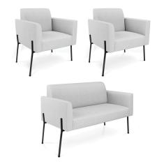 Sofá Namoradeira e 2 Poltronas Pé de Ferro Preto Marisa Linho Cinza D03 - D`Rossi