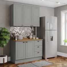 Cozinha Compacta 2 Peças 100% MDF com Tampo Internacional Cinza/Marrom
