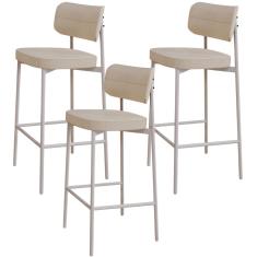 Kit 03 Banquetas Alta Bar Cozinha Sala De Jantar Aço Branco Kaira C01 Linho Areia - Lyam Decor