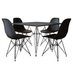Conjunto Jantar Eames De Ferro Preto E Tampo Quadrado Preto 90cm 4 Cad