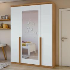 Guarda Roupa Solteiro Espelho 4 Portas 2 Gavetas Alonzo Lopas - Amêndoa Clean/Branco