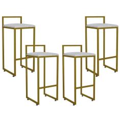 Kit 04 Banquetas Altas Hanna Dourado Linho Cinza