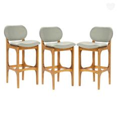 Kit 3 Banquetas Alta Estofada Rafine Madeira Maciça Castanho Linho Ver