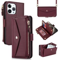 Jaorty Capa carteira para iPhone 15 Pro Max com cordão transversal para mulheres e homens, bolsa com zíper, bolso para moedas, capa de celular com porta-cartões, capa de couro PU para iPhone 15 Pro