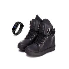 Tenis Feminino Fitness Botinha Academia Couro + Relógio - Bawmi, Preto