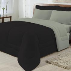 Kit 03 Peças Edredom Casal 100% Algodão Preto com Cinza