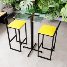 Conjunto Mesa Alta Bar Bistrô Quadrada Vidro 2 Banquetas Confort Estof