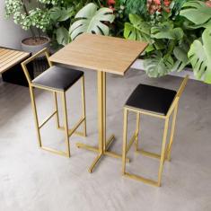 Jogo Mesa Alta Bistrô Quadrada Pinus 2 Banquetas Estofado Confort Indu