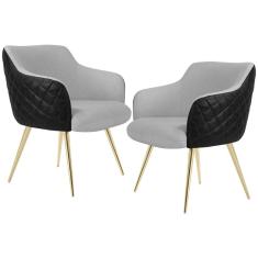 Kit 02 Poltronas Pés Palito D'Ouro Jade D02 Linho Cinza D-315 Tressê Corano Preto - Lyam Decor