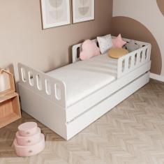 Bicama Solteiro Mdf Branco Com 02 Grades E Cabeceira Anatômica Mobilistore