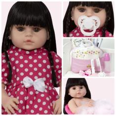 Boneca Tipo Reborn Nicole 46cm Morena Fofa 20 Itens Enxoval - Cegonha 