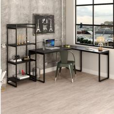 Conjunto Home Office Industrial 1 Escrivaninha em L e 1 Estante 4 Prateleiras Kuadra Compace Onix