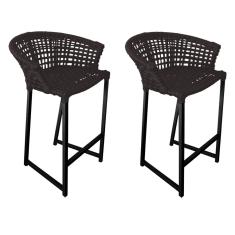 Kit 2 Banquetas Reis em Corda Náutica e Base em Alumínio Preta para Área Gourmet - Externa Marrom 